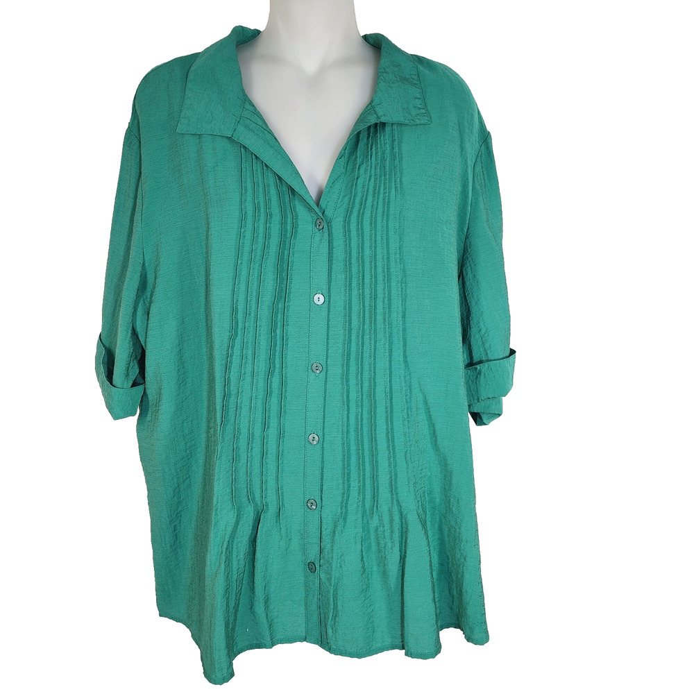 Coldwater Creek Women Tunic Top Size XL Textured Tuck Button Front Pleated Green